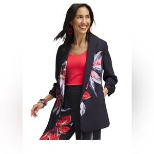 Chicos navy floral ruched sleeve soft open front blazer jacket size 3.5 XL